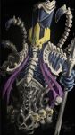  1boy absurdres armor black_armor black_background black_helmet bone bone_armor commentary cowboy_shot dated english_commentary facing_viewer giant helmet highres holding holding_staff lich mage_staff male_focus midriff nagash no_eyes painterly signature skull staff stitched_torso stitches thetwo_yts undead warhammer:_age_of_sigmar warhammer_fantasy 