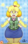  animal_crossing breasts brown_eyes canine chubby clothing dog female isabelle_(animal_crossing) kemono mammal nekocrispy nintendo patreon skirt solo text thick_thighs video_games wide_hips 