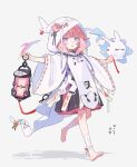  1girl barefoot black_skirt blue_eyes blush commentary frilled_skirt frills full_body hair_bun hair_through_hood highres holding holding_lantern hood hood_up lantern nuudoru open_mouth original pink_hair short_hair simple_background skirt solo standing untranslatable_commentary white_background 