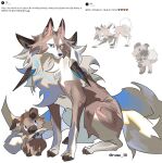  absurdres animal_focus blue_eyes brown_fur claws evolutionary_line highres karmaho lycanroc lycanroc_(midday) no_humans official_art_inset pokemon pokemon_(creature) pokemon_focus rockruff tail 