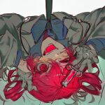  :d coat collared_shirt commentary_request crazy_eyes doctor drill_hair gloves highres holding holding_syringe igaku_(utau) kasane_teto lab_coat necktie red_eyes red_hair shirt sketch smile stethoscope syringe twin_drills upside-down wu.doc 