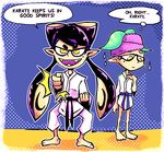  ;d aori_(splatoon) black_hair commentary cousins domino_mask dougi english fangs green_hair hotaru_(splatoon) karate_gi long_hair mask mole mole_under_eye multiple_girls one_eye_closed open_mouth setz short_hair smile splatoon_(series) splatoon_1 towel towel_on_head v-shaped_eyebrows yellow_eyes 