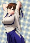  blue_ribbon breasts brown_eyes brown_hair cosplay dungeon_ni_deai_wo_motomeru_no_wa_machigatteiru_darou_ka hakama_skirt hestia_(danmachi) hestia_(danmachi)_(cosplay) japanese_clothes kaga_(kantai_collection) kantai_collection large_breasts parody rei_no_himo ribbon shoukaki_(earthean) solo tasuki untied 