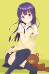  apron badge daisy_(working!!) long_hair purple_eyes purple_hair simple_background sitting skirt solo stuffed_animal stuffed_toy teddy_bear thighhighs tsurime waitress working!! yamada_aoi yamatadesu yellow_background 