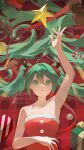  1girl ahoge antlers aqua_hair arm_up bare_arms bare_shoulders book bow box candy candy_cane christmas_ornaments christmas_star dress fake_antlers food fur-trimmed_dress fur_trim gift gift_box gingerbread_man green_eyes hair_between_eyes hair_bow hatsune_miku highres horns long_hair multiple_hair_bows parted_lips pinecone plaid_background reaching red_background red_bow reindeer_antlers santa_costume santa_dress solo strapless strapless_dress stuffed_animal stuffed_toy teddy_bear upper_body very_long_hair vocaloid watermark yellow_bow yukihira_makoto 