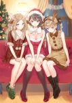  3girls absurdres animal_costume belt black_hair blue_reflection_(series) blue_reflection_maboroshi_ni_mau_shoujo_no_ken boots braid brown_eyes brown_hair christmas commentary_request dress fur_trim girl_sandwich grey_eyes hair_ornament hat highres indoors kishida_mel knee_boots kneehighs long_hair long_legs looking_at_viewer multiple_girls reindeer_costume sandwiched santa_costume santa_dress santa_hat shijou_raimu shijou_yuzuki shirai_hinako short_hair sitting smile socks strapless strapless_dress twin_braids wavy_hair 