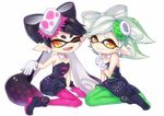  2girls ;d ankle_boots aori_(splatoon) bare_shoulders black_footwear black_hair boots cousins detached_collar domino_mask dress earrings fangs food food_on_head full_body gloves green_legwear hair_rings hotaru_(splatoon) jewelry kyouda_suzuka long_hair mask mole mole_under_eye multiple_girls object_on_head one_eye_closed open_mouth orange_eyes pantyhose pointy_ears purple_legwear short_jumpsuit silver_hair simple_background sitting smile splatoon_(series) splatoon_1 strapless strapless_dress tentacle_hair unitard white_background white_gloves 