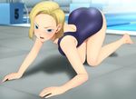  1girl absurdres all_fours android_18 arched_back ass back barefoot blonde_hair blue_eyes blush breasts dragon_ball dragonball_z earrings feet full_body highres jewelry legs looking_at_viewer open_mouth pool short_hair solo swimsuit thighs water yadokari_genpachirou 