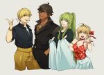  1girl 1other 2boys ahoge armlet belt black_pants black_shirt black_vest blonde_hair blue_eyes bow bracelet braid brown_pants bun_with_braided_base buttons commentary cropped_legs crossed_arms dark-skinned_male dark_skin english_commentary enkidu_(fate) fate/grand_order fate_(series) gilgamesh_(fate) gold_belt gold_bracelet gold_necklace green_eyes grey_background grey_shirt hair_bow hair_bun hand_up hands_in_pockets highres jewelry light_blush long_hair long_sidelocks looking_at_viewer multiple_boys necklace nero_claudius_(fate) one_eye_closed open_mouth ozymandias_(fate) pants parted_lips partially_open_shirt pointing pointing_at_viewer ponytail qroken red_bow red_eyes red_shirt shirt sidelocks simple_background skirt smile smirk spaghetti_strap sparkle teeth upper_teeth_only very_long_hair very_long_sidelocks vest white_skirt 