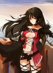  asymmetrical_clothes bandaged_arm bandages belt black_choker black_hair black_skirt breasts brown_eyes choker expressionless highres long_hair medium_breasts microskirt navel orokanahime skirt solo tales_of_(series) tales_of_berseria torn_clothes velvet_crowe 