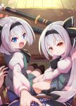  1boy 2girls black_hairband blue_eyes blush closed_mouth commentary_request futa_(nabezoko) green_skirt green_vest grey_hair hairband hetero juliet_sleeves katana konpaku_youmu konpaku_youmu_(ghost) long_hair long_sleeves morichika_rinnosuke multiple_girls open_mouth personification puffy_sleeves sheath sheathed sitting sitting_on_lap sitting_on_person skirt skirt_set smile sword touhou very_long_hair vest watermark weapon 