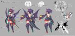  1girl aqua_eyes aqua_hair aqua_horns asymmetrical_horns asymmetrical_legwear back backless_outfit choker commentary_request copyright_notice desco_(disgaea) desco_x detached_sleeves disgaea disgaea_rpg full_body fusion gloves grey_background harada_takehito heterochromia horns jingle_bell_earrings jitome lazy_eye low_wings mismatched_horns mismatched_legwear monster_girl multicolored_hair multiple_views open_mouth outstretched_arm pincers pointy_ears purple_hair purple_wings red_eyes red_hair red_horns simple_background tail text_focus thighhighs translation_request turnaround wings 