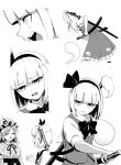  2girls blunt_bangs blunt_ends bow bowtie collared_shirt commentary_request fighting_stance frilled_skirt frills greyscale hairband hat highres hitodama_print holding holding_sword holding_weapon japanese_clothes kimono konpaku_youmu konpaku_youmu_(ghost) mob_cap monochrome multiple_girls multiple_views neck_ribbon open_mouth ready_to_draw ribbon saigyouji_yuyuko shiguma_(signalmass) shirt short_hair short_sleeves simple_background skirt sword touhou triangular_headpiece vest weapon white_background 