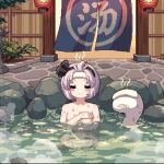  black_hairband bow_hairband closed_eyes commentary_request covering_breasts covering_privates curtains hairband hitodama konpaku_youmu konpaku_youmu_(ghost) lantern lw_og3 onsen paper_lantern partially_submerged pixel_art reflection rock short_hair steam touhou water wet white_hair youmu_day 