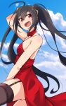  1girl ahoge alternate_breast_size_(smaller) azur_lane black_hair breasts choker cloud cloudy_sky cowboy_shot dress garter_straps highres looking_at_viewer open_mouth red_choker red_dress red_eyes sky small_breasts solo standing taihou_(azur_lane) taihou_(forbidden_fruit)_(azur_lane) tanashi_(mk2) thighs twintails 