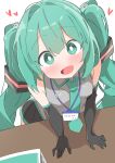  1girl :d \||/ absurdres alt_text aqua_eyes aqua_hair aqua_necktie black_gloves black_skirt blush breasts bright_pupils collared_shirt commentary_request elbow_gloves foreshortening from_above gloves hair_between_eyes hair_ornament hands_on_table hatsune_miku heart highres lanyard long_hair looking_at_viewer necktie no_nose pleated_skirt shirt simple_background skirt sleeveless sleeveless_shirt small_breasts smile solo table tongue translation_request twintails uruti_2388 v_arms very_long_hair vocaloid white_background white_pupils 