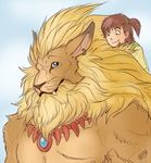  anthro blue_eyes brown_hair charge_in_the_back collar cute digimon fanga feline female hair jeri_katou leomon lion long_hair looking_each_other male mammal piercing size_difference smile teeth 
