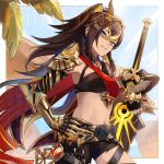  1girl arm_armor arm_support armlet asymmetrical_clothes beacon_of_the_reed_sea_(genshin_impact) black_hair blonde_hair blue_eyes breasts commentary_request criss-cross_halter crossed_bangs crossed_belts dark-skinned_female dark_skin dehya_(genshin_impact) earrings genshin_impact gloves gold_choker hair_between_eyes hair_ears halterneck hand_on_own_hip holding holding_sword holding_weapon jewelry katetawa long_hair looking_at_viewer medium_breasts multicolored_hair multiple_thigh_straps navel pants pointy_hair single_pantsleg smile solo stomach streaked_hair sword thigh_strap torn_clothes torn_pants weapon yellow_pupils 