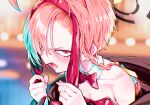  1girl ahoge animal_ears blue_archive blurry blurry_background blush bow bowtie breasts chromatic_aberration cleaning_&amp;_clearing_(blue_archive) clenched_hands detached_collar easter eudetenis fake_animal_ears fangs film_grain highres huge_ahoge leotard looking_at_viewer mole mole_under_each_eye mole_under_eye multiple_moles neru_(blue_archive) neru_(bunny)_(blue_archive) pink_hair playboy_bunny rabbit_ears red_eyes red_leotard signature small_breasts solo strapless strapless_leotard talking traditional_bowtie upper_body 