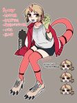  1girl artist_name black_shorts blonde_hair blue_tongue breast_conscious byway_(ergot) claws colored_tongue commentary ergot flat_chest grey_shoes horns jacket multiple_views open_mouth original red_eyes red_jacket red_thighhighs reptile_girl shirt shoes shorts simple_background sneakers stain tears thighhighs translation_request white_shirt 