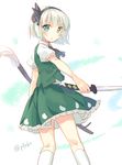  bad_id bad_pixiv_id blush dual_wielding green_eyes hair_ribbon holding katana konpaku_youmu open_mouth pf ribbon sash short_hair silver_hair solo sword touhou weapon 