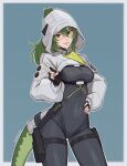  1girl absurdres arknights arknights:_endfield black_bodysuit black_gloves bodysuit breasts commentary commission covered_navel cowboy_shot english_commentary fingerless_gloves fluorite_(arknights) gloves green_eyes green_hair green_tail grey_hood hair_through_hood hand_on_own_hip high_ponytail highres holster hood hood_up hooded_shrug index_finger_raised legs_apart light_blush long_sleeves looking_at_viewer madogg medium_breasts narrow_waist pink_lips ponytail puffy_long_sleeves puffy_sleeves reptile_girl shrug_(clothing) snake_girl snake_tail standing tail thigh_holster white_shrug 