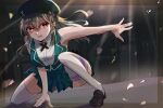  1girl \||/ arm_support backlighting black_border border breasts brown_eyes brown_hair brown_shoes collared_shirt commentary_request fighting_stance floating_hair full_body green_hat green_skirt green_vest hair_between_eyes hat heaven_burns_red highres indoors large_breasts leaning_forward light_particles loafers long_hair looking_at_viewer lower_teeth_only military_hat miniskirt ooshima_ichiko open_mouth outside_border outstretched_arm pleated_skirt ribbon rin_0101010 shirt shoes skirt sleeveless sleeveless_shirt solo squatting teeth thighhighs v-shaped_eyebrows vest white_ribbon white_shirt white_thighhighs 