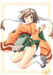  blouse bouncing_breasts breasts brown_eyes brown_hair chize geta headband hiryuu_(kantai_collection) japanese_clothes kantai_collection large_breasts one_side_up open_mouth orange_shirt panties pantyshot remodel_(kantai_collection) shirt short_hair skirt smile solo underwear white_panties wide_sleeves 