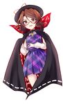  bow brown_eyes brown_hair cape clothes_writing glasses gloves hat highres looking_down low_twintails open_mouth plaid quimbaya_airplane red-framed_eyewear ribbon school_uniform shirt short_hair skirt smile solo touhou twintails uranaishi_(miraura) usami_sumireko 