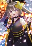  1girl :d aerial_fireworks animal_ears bare_shoulders black_choker black_gloves black_hairband black_kimono black_sleeves blush breasts brown_eyes brown_hair chaos_zero_nightmare choker cloud commentary_request detached_sleeves fingerless_gloves fireworks flower food frilled_sleeves frills gloves hair_flower hair_ornament hairband holding holding_food japanese_clothes kimono kou_hiyoyo lantern long_sleeves looking_at_viewer medium_breasts night obi on_head paper_lantern rabbit_ears sash short_hair skewer sky sleeveless sleeveless_kimono smile solo star_(sky) starry_sky teeth upper_teeth_only veronica_(chaos_zero_nightmare) wide_sleeves yellow_flower 