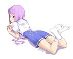  aikatsu! aikatsu!_(series) blush doughnut eating feet food hair_ribbon hikami_sumire long_hair looking_at_viewer lying no_shoes on_stomach purple_eyes purple_hair ribbon socks soles solo toes uniform white_legwear yuuzii 