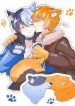  2boys animal_ear_fluff animal_ears animal_hands aoyagi_touya belt belt_collar biting blue_belt blue_hair chinese_commentary clenched_teeth closed_eyes collar commentary_request cropped_torso facing_viewer fred8302017547 fur_trim hands_up highres long_sleeves male_focus multicolored_hair multiple_boys official_alternate_costume orange_belt orange_hair outline paw_print project_sekai shinonome_akito short_hair simple_background split-color_hair teeth two-tone_hair white_background wolf wolf_ears yaoi 