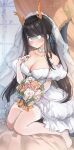  1girl :i absurdres bare_shoulders bison_cangshu black_hair blank_eyes blue_ribbon blush bouquet breasts bridal_veil cleavage collarbone commentary_request dragon_horns dress flower hair_ribbon hand_up highres holding holding_bouquet horns large_breasts long_hair project-sp ribbon small_sweatdrop straight_hair sumi_(vtuber) swept_bangs thighhighs turn_pale veil wedding_dress white_thighhighs 