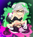  2girls all_fours aori_(splatoon) black_hair blush breast_press breasts brown_eyes cleavage cousins detached_collar domino_mask food food_on_head girl_on_top gloves green_legwear hotaru_(splatoon) i_b_b_e long_hair looking_at_viewer lying mask medium_breasts mole mole_under_eye multiple_girls object_on_head on_back open_mouth pantyhose purple_legwear short_hair silver_hair smile splatoon_(series) splatoon_1 sushi symbol-shaped_pupils symmetrical_docking white_gloves yellow_eyes 