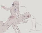  2girls ass bang_dream! bang_dream!_it's_mygo!!!!! blush clothes_pull commentary_request couch hair_ribbon indoors long_hair misumi_uika monochrome multiple_girls open_mouth pants pants_pull ribbon short_hair sitting slap_mark spanked spanking sweat togawa_sakiko tpt3p yuri 