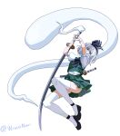  1girl black_bow black_bowtie black_hairband black_shoes blue_eyes bow bowtie commentary_request dress full_body ghost green_dress green_skirt green_vest grey_hair hairband highres hitodama holding holding_sword holding_weapon katana konpaku_youmu konpaku_youmu_(ghost) looking_at_viewer sheath sheathed shoes short_hair simple_background skirt skirt_set solo sword sword_on_back thighhighs touhou twitter_username vest weapon weapon_on_back white_background white_hair white_thighhighs wraithakari youmu_day 