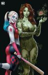  2girls ass bandaged_hand bandages baseball_bat batman_(series) belt black_background black_belt black_pants blonde_hair blue_eyes blue_eyeshadow blue_hair breasts capri_pants choker colored_skin colored_tips commentary cowboy_shot crazy_eyes crazy_smile crop_top dc_comics diamond_(shape) english_commentary eyelashes eyeshadow green_eyes green_leotard green_lips green_skin hair_tie harley_quinn height_difference highres holding holding_baseball_bat ivan_talavera large_breasts leaf leotard logo looking_at_viewer lowleg lowleg_pants makeup midriff mismatched_eyeshadow multicolored_hair multicolored_pants multiple_girls orange_hair pants pink_eyeshadow pink_hair plant_clothing poison_ivy red_choker red_lips red_pants red_shirt shirt shoulder_tattoo simple_background smile standing standing_on_one_leg strapless strapless_leotard tattoo teeth western_comics_(style) white_skin 