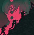  5boys @_@ absurdres blunt_ends cliff climbing clone colored_skin crazy_eyes daydreeaaaming genshin_impact giant highres hunched_over looking_at_viewer lower_body multiple_boys multiple_persona open_hands outline outstretched_arms red_outline red_skin red_sky red_theme ringed_eyes scaramouche_(genshin_impact) silhouette sky wispy_bangs 