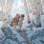  2girls animal birch_tree blue_jacket boots brown_boots brown_pants castle closed_eyes cloud day forest front-to-back hair_over_shoulder highres horse horseback_riding jacket long_hair looking_at_another medium_hair multiple_girls nature original outdoors pants pouch red_hair riding rock ruins scarf statue tree underpalewater white_hair wide_shot winter 