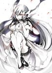  anchorage_water_oni atoshi breasts fetal_position full_body glowing glowing_eyes grey_hair hand_to_own_mouth high_heels horns kantai_collection long_hair medium_breasts overskirt plantar_flexion shinkaisei-kan solo very_long_hair white_skin yellow_eyes 
