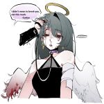  ... 2girls alternate_costume astra_yao bandaged_arm bandages bare_shoulders black_dress black_hair blood blood_on_face bloody_wings bruise bruise_on_face collarbone colored_speech_bubble commentary dress earrings english_text evelyn_chevalier feathered_wings grabbing_another's_hair half-closed_eyes halo highres holding holding_another's_hair holding_leash implied_yuri injury jewelry leash long_hair multiple_girls nosebleed parted_lips red_eyes simple_background single_hair_intake speech_bubble spoken_ellipsis untranslatable_commentary white_background white_wings wings yui871287 zenless_zone_zero 