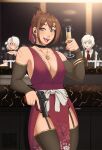  3girls absurdres alcohol bar_(place) bare_shoulders breasts brown_hair champagne champagne_flute commentary cup drinking_glass english_commentary gun hair_between_eyes handgun highres holding holding_gun holding_weapon multiple_girls necktie red_necktie scar shirt smile thatguygooders_gooders008 weapon white_hair white_shirt 
