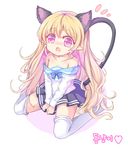  animal_ears blonde_hair cat_ears fang long_hair off_shoulder open_mouth original pink_eyes pointy_ears shirt sitting skirt solo tail tears thighhighs very_long_hair vils 