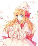  bad_id bad_pixiv_id blonde_hair blue_eyes blush bow hair_bow hat lily_white long_hair pf sash solo touhou wide_sleeves 