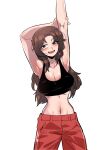  1girl :d armpits arms_up bare_arms bare_shoulders blush breasts brown_eyes brown_hair character_request cleavage commentary_request dinoyhs fang highres korean_commentary large_breasts long_hair navel pants parted_bangs red_pants simple_background smile solo stretching today's_han_yoil_is_a_woman track_pants very_long_hair white_background 