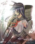  akatsuki_(kantai_collection) anchor_symbol artist_name black_hair black_legwear collarbone dated flat_cap hat highres kantai_collection long_hair machinery pantyhose pleated_skirt purple_eyes purple_hair sasachin_(k+w) school_uniform serafuku signature skirt solo twitter_username 