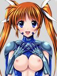  blue_eyes blush bodysuit breasts breasts_outside brown_hair cosplay grey_background hair_ribbon long_hair lyrical_nanoha mahou_shoujo_lyrical_nanoha mahou_shoujo_lyrical_nanoha_strikers medium_breasts nipples numbers'_uniform ribbon sen_(sansui) simple_background skin_tight smile solo takamachi_nanoha twintails upper_body 