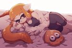  bare_shoulders bed bed_sheet bike_shorts dew-spiegel domino_mask dress_shirt inkling lying mask monster_girl one_eye_closed open_clothes open_shirt orange_eyes orange_hair pillow pointy_ears shirt splatoon_(series) splatoon_1 squid tentacle_hair thigh_gap 