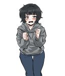  1girl black_hair blue_pants blush brown_eyes character_request clenched_hands commentary_request dinoyhs drawstring fang grey_hoodie highres hood hood_down hoodie korean_commentary long_sleeves open_mouth pants puffy_long_sleeves puffy_sleeves simple_background solo thigh_gap today's_han_yoil_is_a_woman wavy_mouth white_background 