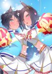  2girls absurdres air_groove_(umamusume) animal_ears belt black_hair blue_eyes blue_jacket blue_sky blush bow breast_press breasts brown_hair commentary_request confetti cosplay day ear_bow ear_chain ear_piercing fuji_kiseki_(umamusume) green_eyes hair_between_eyes highres holding holding_pom_poms horse_ears horse_girl horse_tail jacket layered_skirt linked_piercing long_sleeves looking_at_viewer medium_breasts midriff multicolored_hair multiple_girls navel nice_nature_(run&amp;win)_(umamusume) nice_nature_(umamusume) nice_nature_(umamusume)_(cosplay) one_eye_closed open_clothes open_jacket open_mouth outdoors piercing pom_pom_(cheerleading) rainbow sailor_collar shirt short_hair skirt sky small_breasts smile sweat sweatdrop symmetrical_docking tail teeth umamusume white_hair white_shirt white_skirt yellow_bow zhu_(nitamagr) 